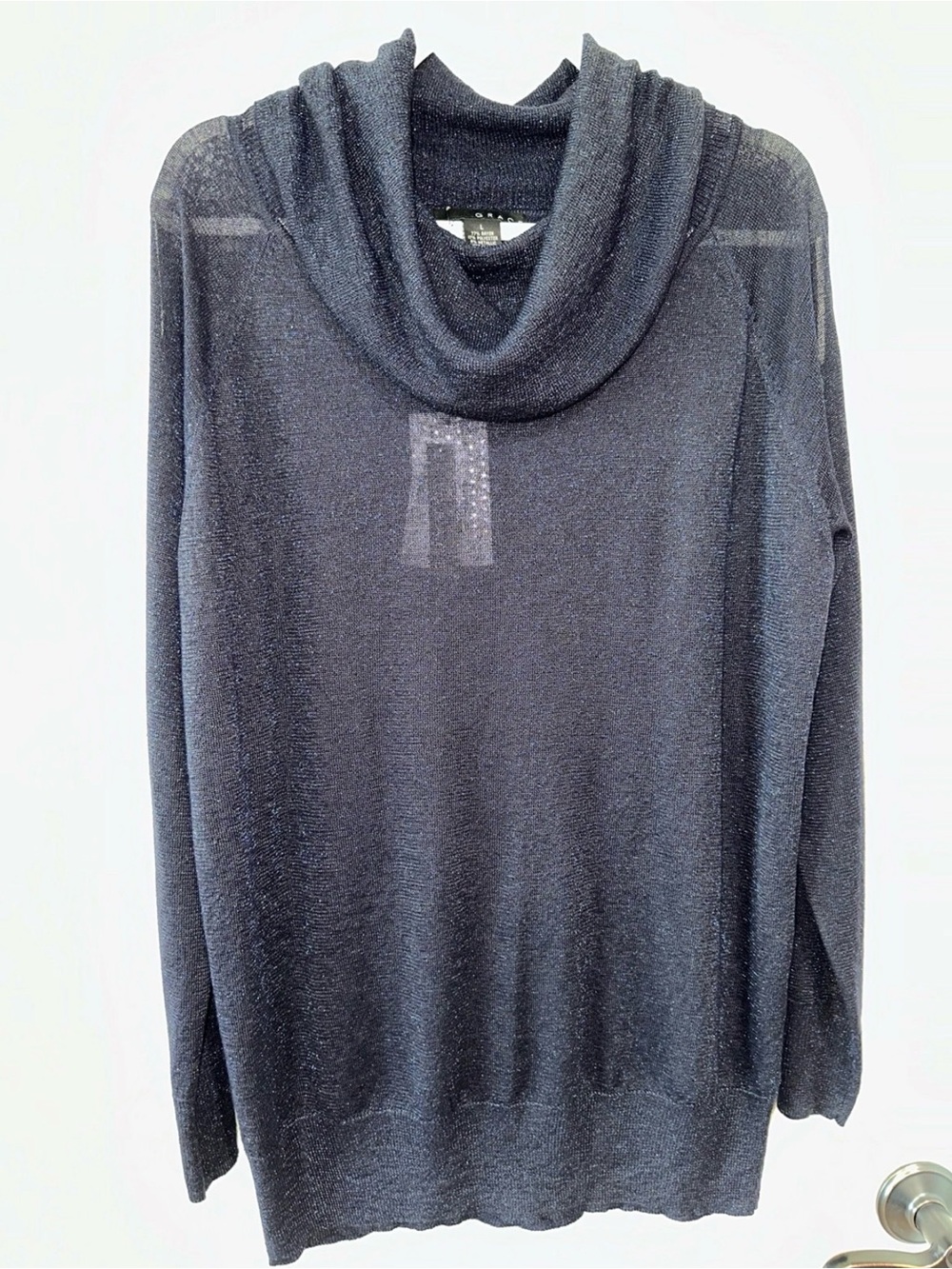 Grace Women's L Lightweight Cowl Neck Sweater Blue Metallic Gold Tone Buttons